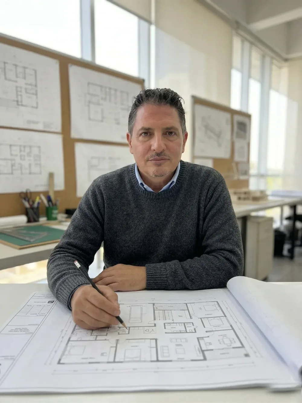 Tottem principal reviewing drawings in the studio