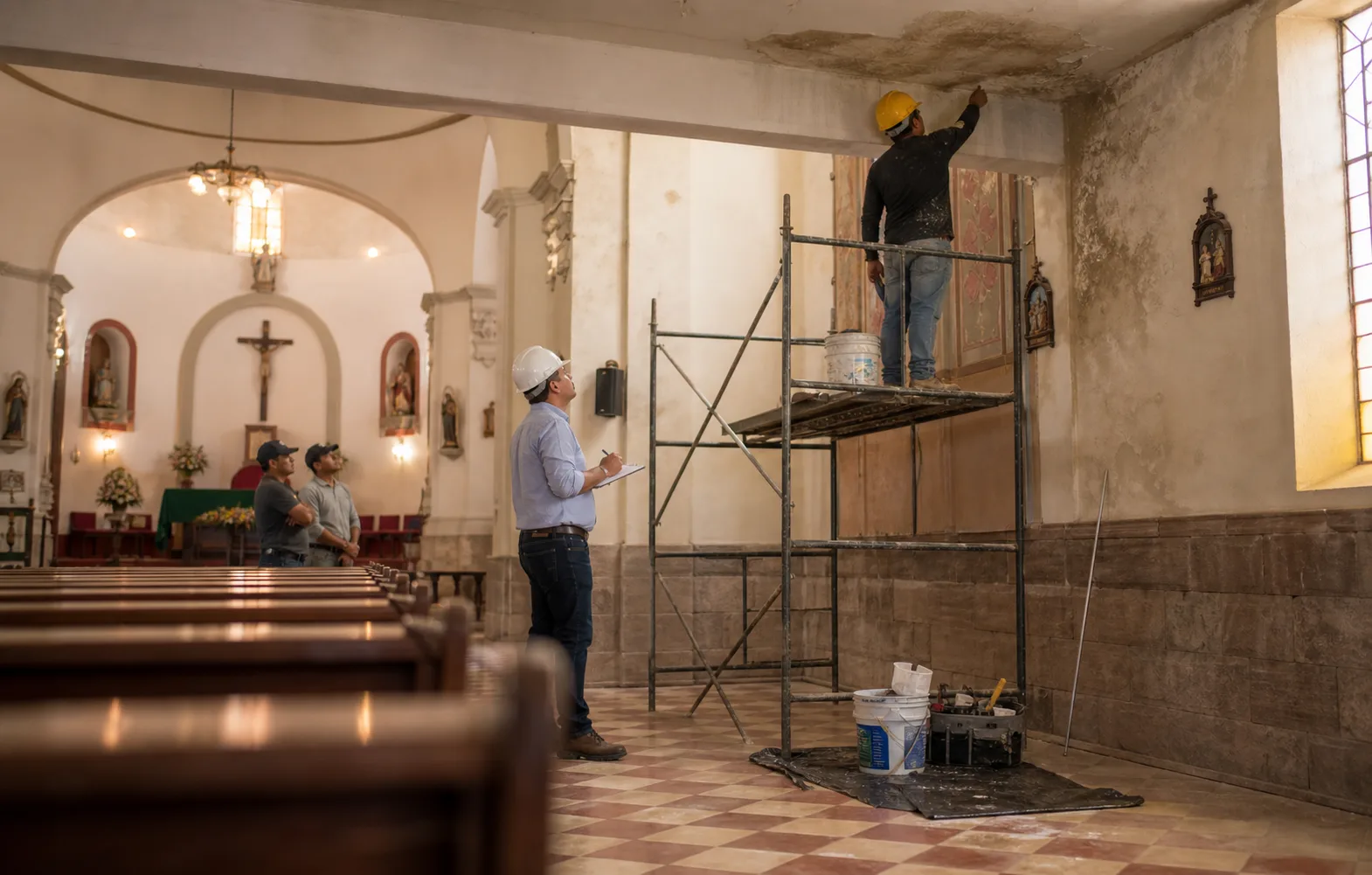 Mantenimiento interior en una parroquia con andamio y lectura de deterioros