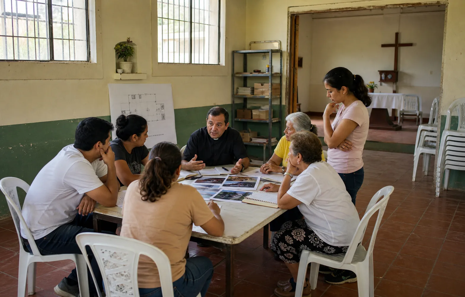 Reunión comunitaria revisando planos y necesidades de una parroquia