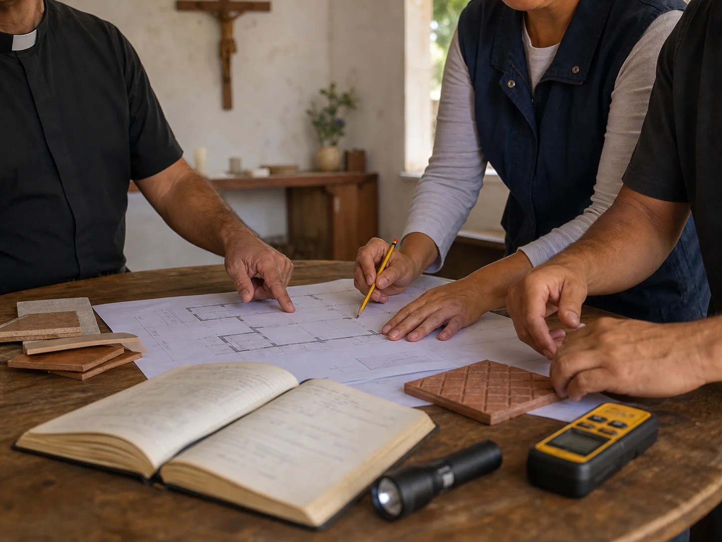 Mesa de trabajo con planos, materiales y prioridades para una iglesia