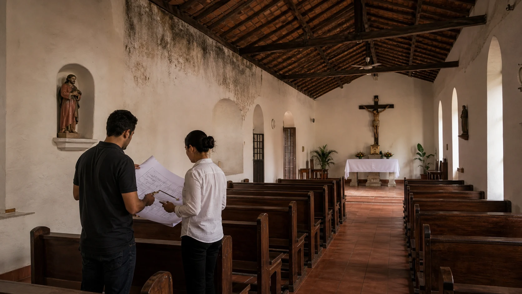 Nave parroquial modesta con lectura de humedad y planos