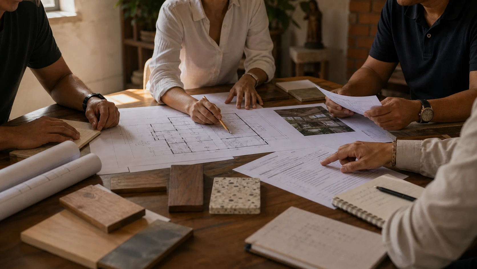 Consejo parroquial revisando planos e imágenes en un salón comunitario