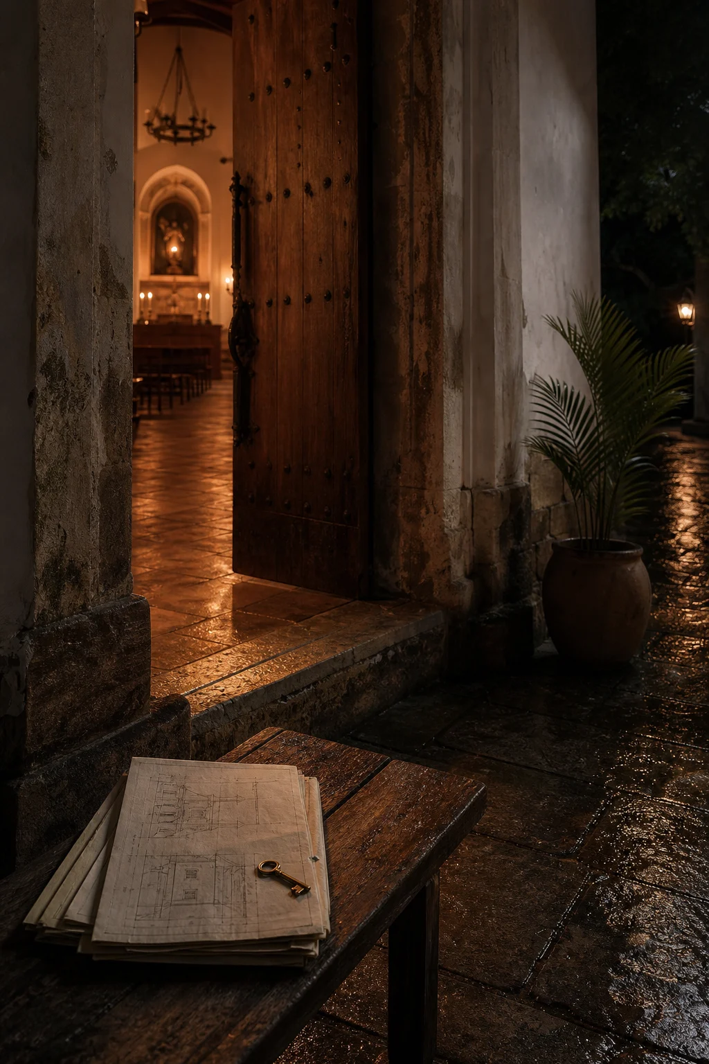 Umbral de capilla con planos y luz interior cálida