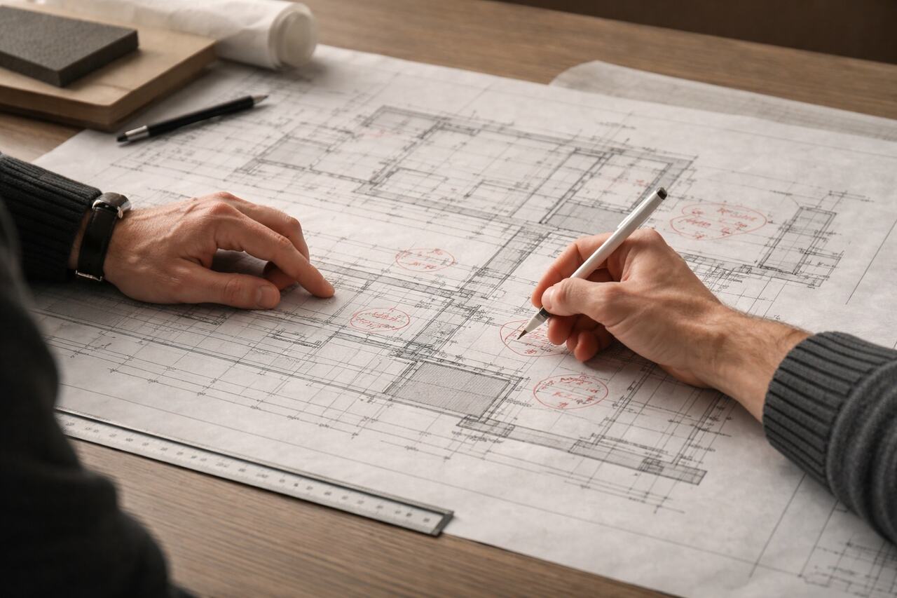 Close-up drawing review with markups over a construction sheet