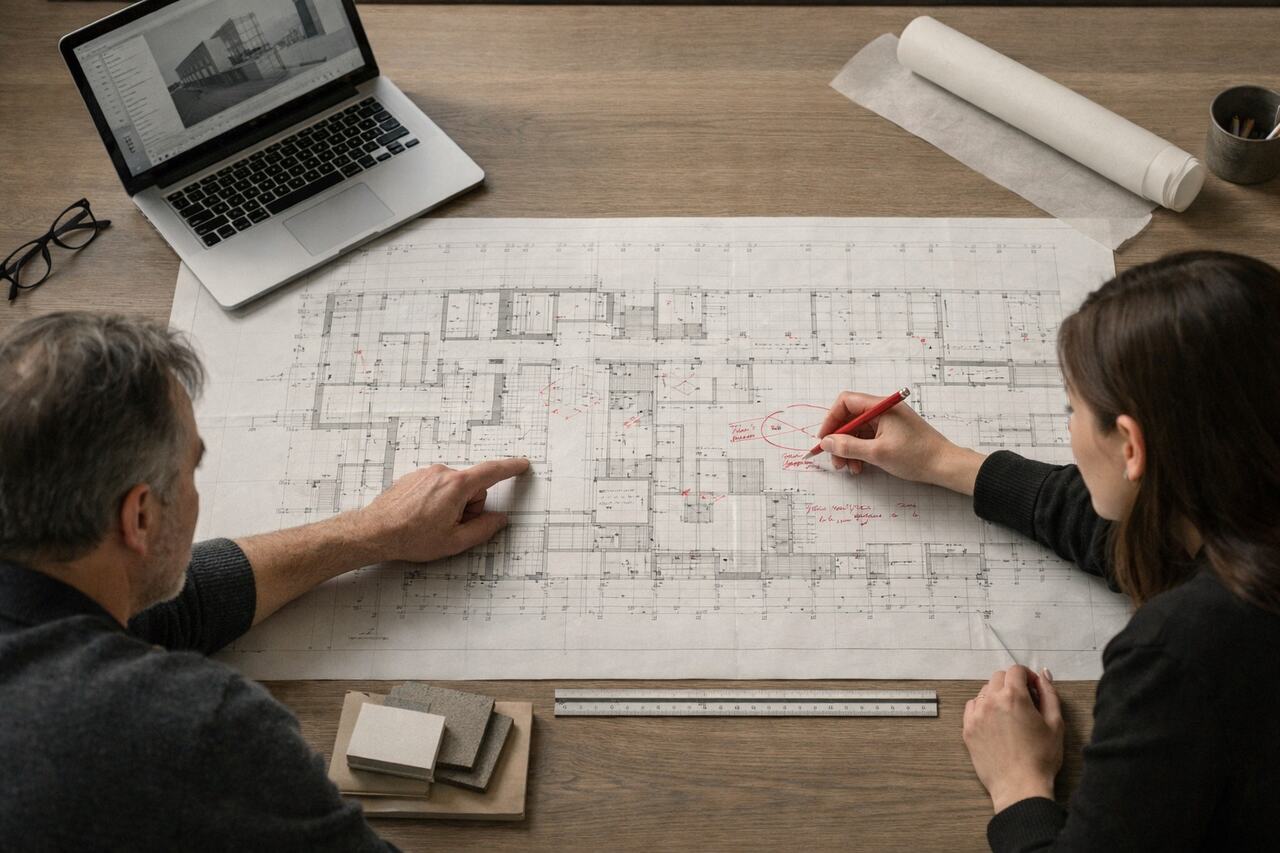 Architects reviewing and marking up a plan set together